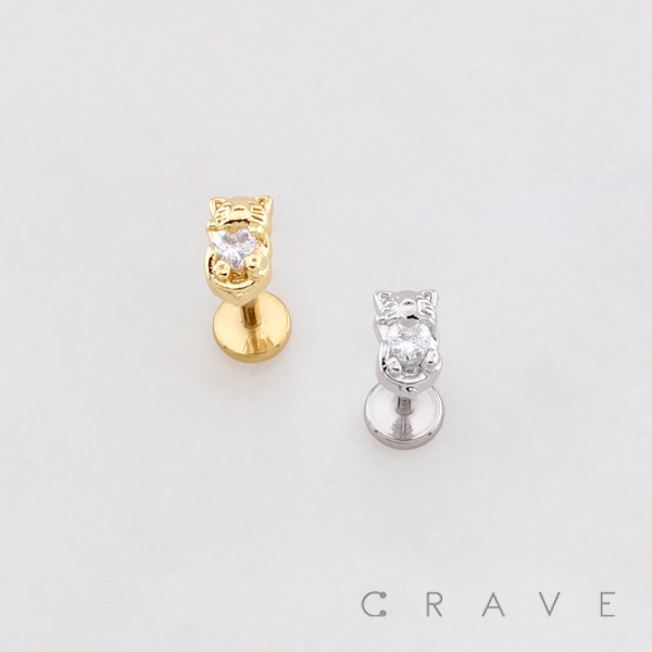 CAT HUGGING HEART CZ 3D TOP PUSHIN (THREADLESS) 316L SURGICAL STEEL LABRET SET